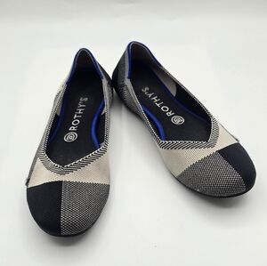 Rothy's | The Flat Round Cap Toe Black and Cream Plaid Flats Size 8